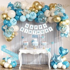 Upgraded Birthday Decorations, Happy Birthday Banner, Sash, Dusty Gold Blue