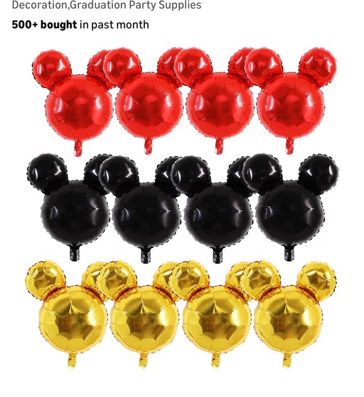 12 Piece Red Black and Gold Mouse Ears Ballon’s 24 Inches
