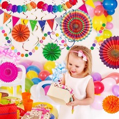 Cinco De Mayo Decor Set 33Pcs, Paper Fans Pom Poms Banner, Multicolor