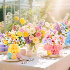 Easter Party Decorations,Paper Honeycomb Vase with Bouquet Print Card,Glitter Ed