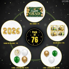 Green and Gold Graduation Decorations Class of 2026, Huge, Pack of 73, Congrats