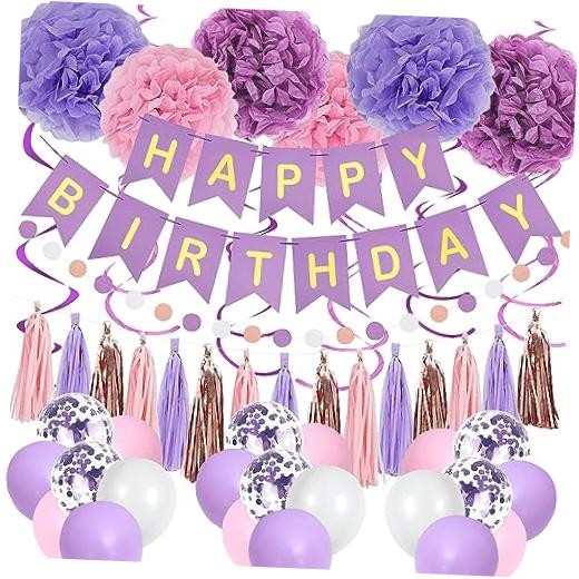 Pink Birthday Party Decorations for Women Girls with Happy Birthday Purple