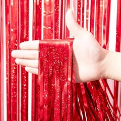 2 Pack Red Tinsel Foil Fringe Curtains, Red Party Decorations, Laser Red