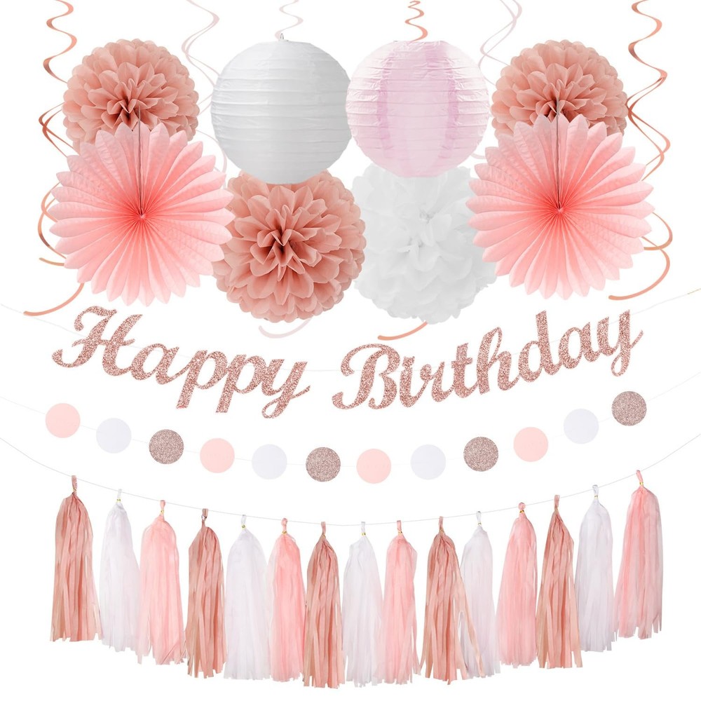 Rose-Gold Pink-White Happy Birthday Party-Decorations – 31pcs Sweet First 16 …