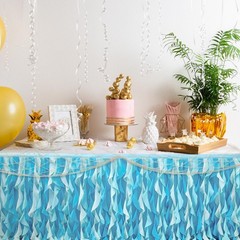 2 Pcs 6 ft Summer Ocean Tulle Ruffle Curly Table Skirt with Fish Net Set Blue…