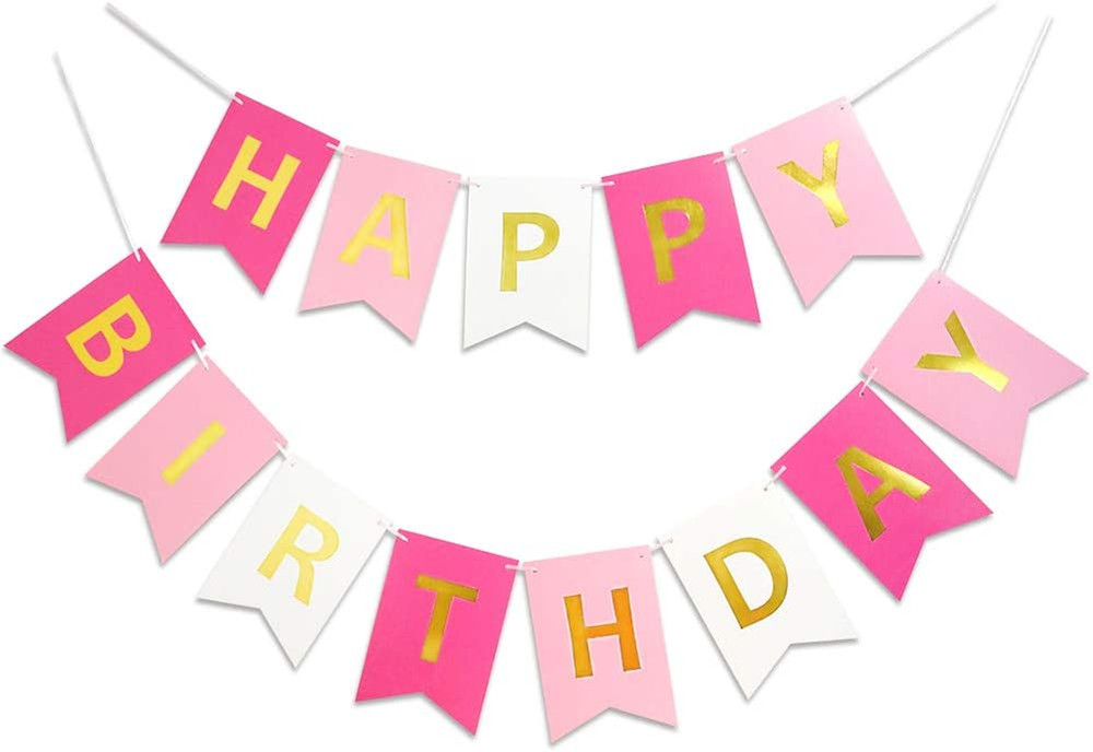 Pink Happy Birthday Banner Golden Sparkle for Girl Party Decor 13Pc Hanging Sign
