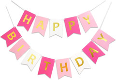 Pink Happy Birthday Banner Golden Sparkle for Girl Party Decor 13Pc Hanging Sign