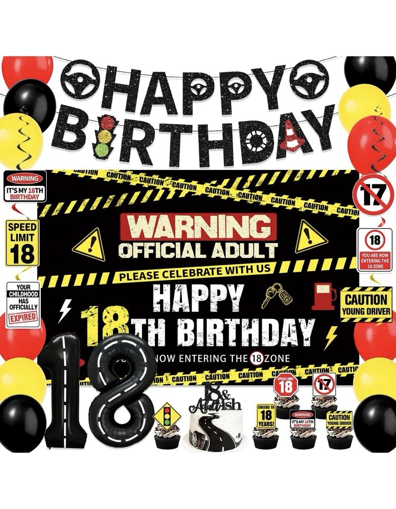 18th Birthday Traffic Sign Party Set Banner Balloons Cupcake Topper Black Yellow