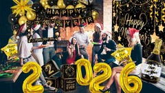 2026 New Year’s Eve Decorations – Black & Gold Balloons, Banner, Photo Props & C