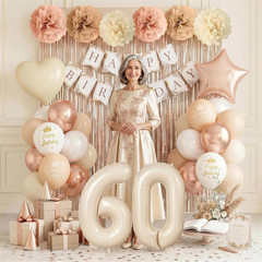 60Th Beige Birthday Decorations for Women, Cream Foil Number Heart Brown Star Ba
