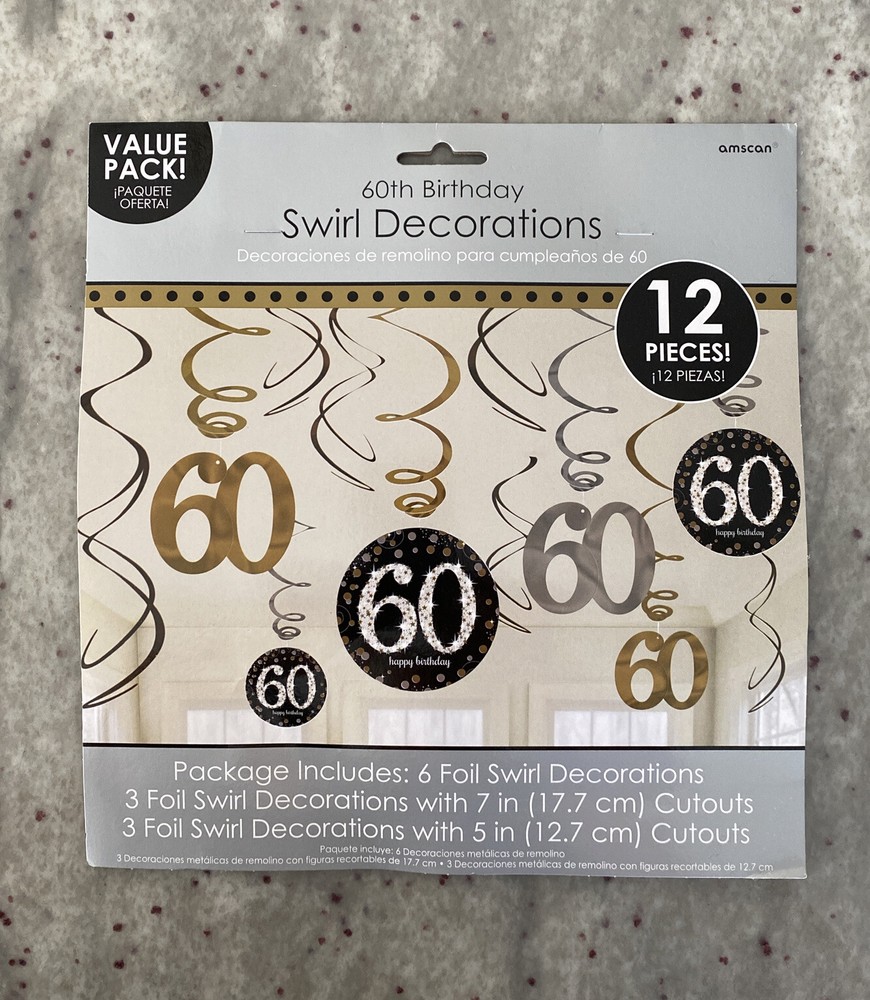 Amscan Sparkling 60th Birthday Celebration 12 Piece Foil Swirl Decorations New