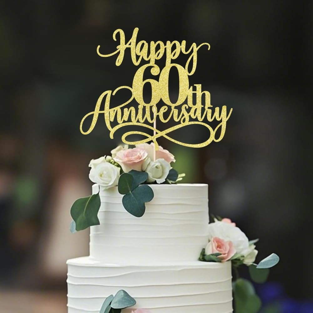 Gold Glitter Happy 60th Anniversary Cake Toppers – Wedding Anniversary Party,…