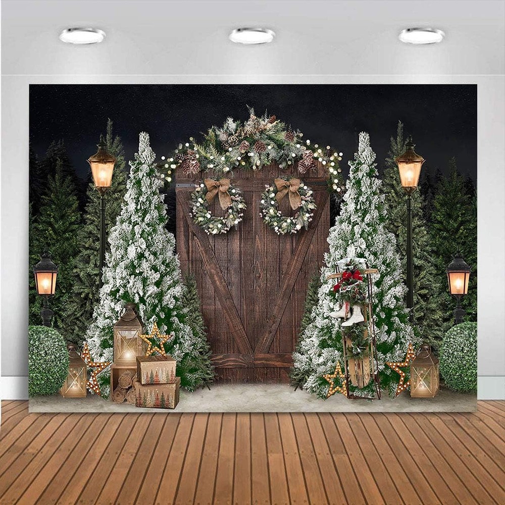 Mocsicka 7x5ft Christmas Photography Backdrop Winter Rustic Wood Door Background