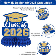 Class of 2026 Graduation Table Decor Congrats Grad Centerpieces Blue Gold 8Pk