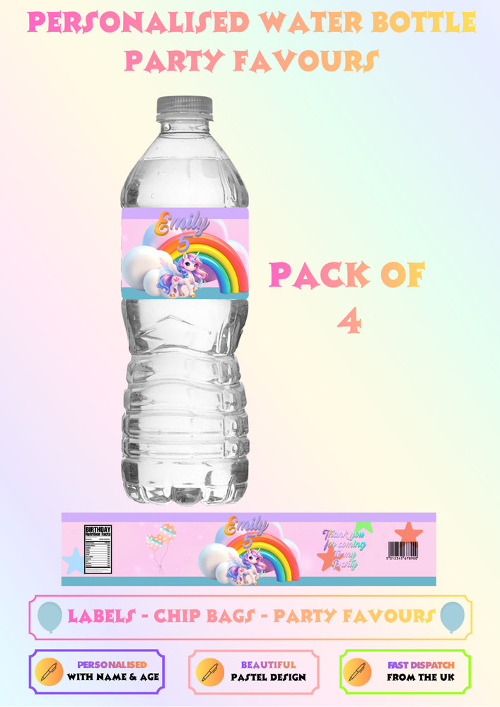 Personalised Unicorn Water Bottle Labels Birthday Party Decorations UK