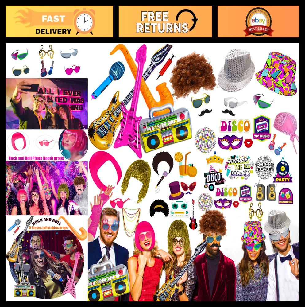 50 Pcs Rock Star Photo Booth Props Set – Sunglasses, Hats, Wigs & Inflatable Fun