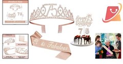 75th Birthday Decorations Set Rose Gold Sash Tiara Candles Cake Topper Supplies