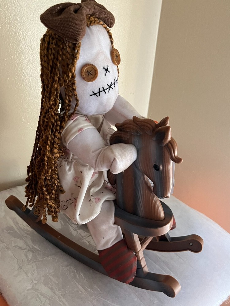 New! Animated Creepy Rag Doll On Rocking Horse Sound Lights Halloween See Video