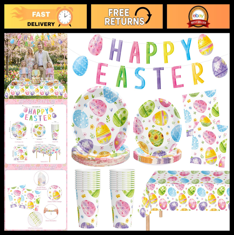 Easter Party Decorations Set – 102 Pcs Spring Watercolor Eggs Plates, Napkins, C