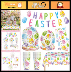 Easter Party Decorations Set – 102 Pcs Spring Watercolor Eggs Plates, Napkins, C