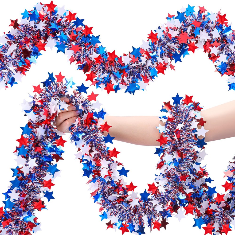52.5Ft Patriotic Glitter Tinsel Garland Decoration, 52.5 Ft, Red White Blue