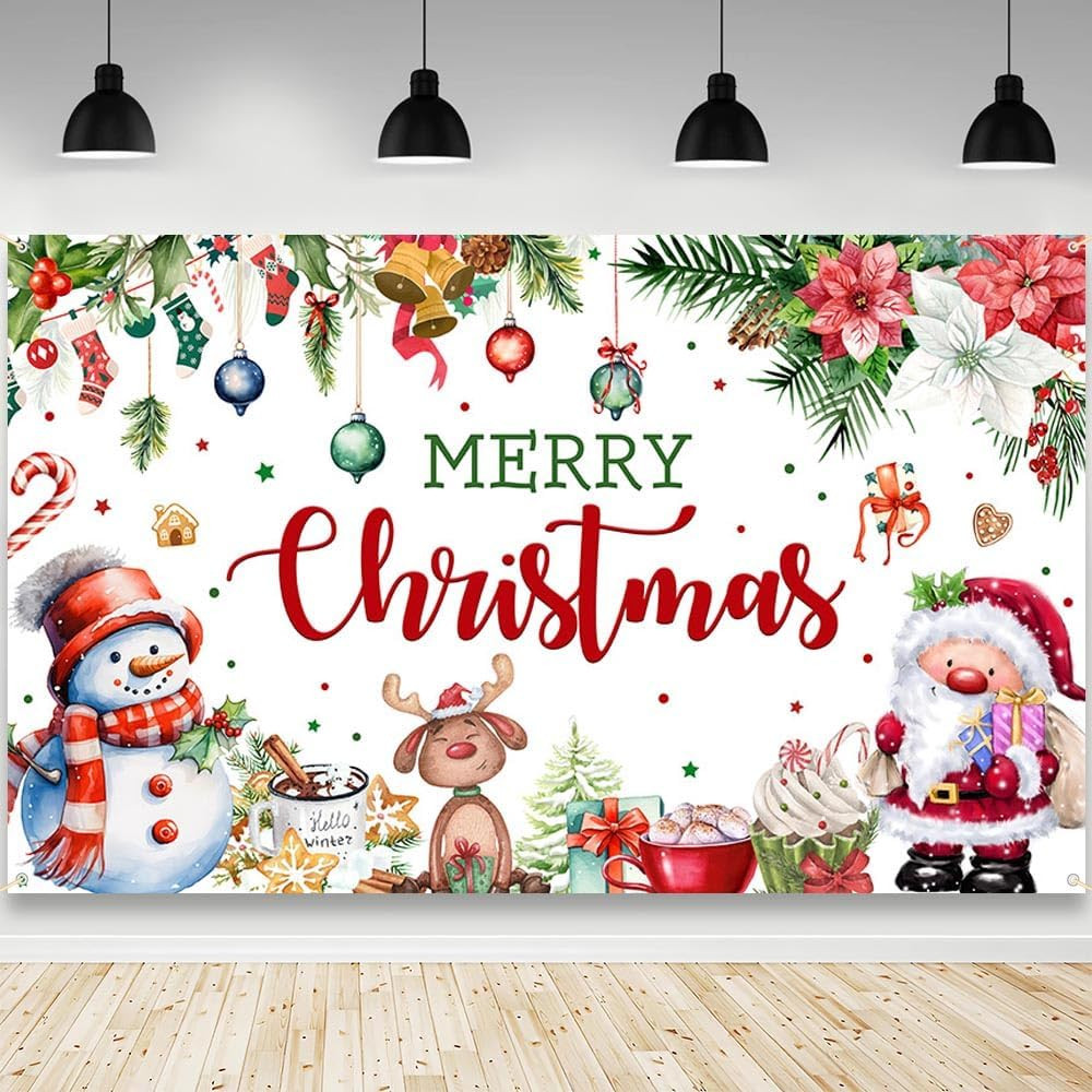 Merry Christmas Backdrop 70.8×43.3in Santa Snowman Holiday Photo Banner