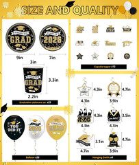 2026 Graduation Decorations Black Gold – Class of 2026 Party Decor Kit