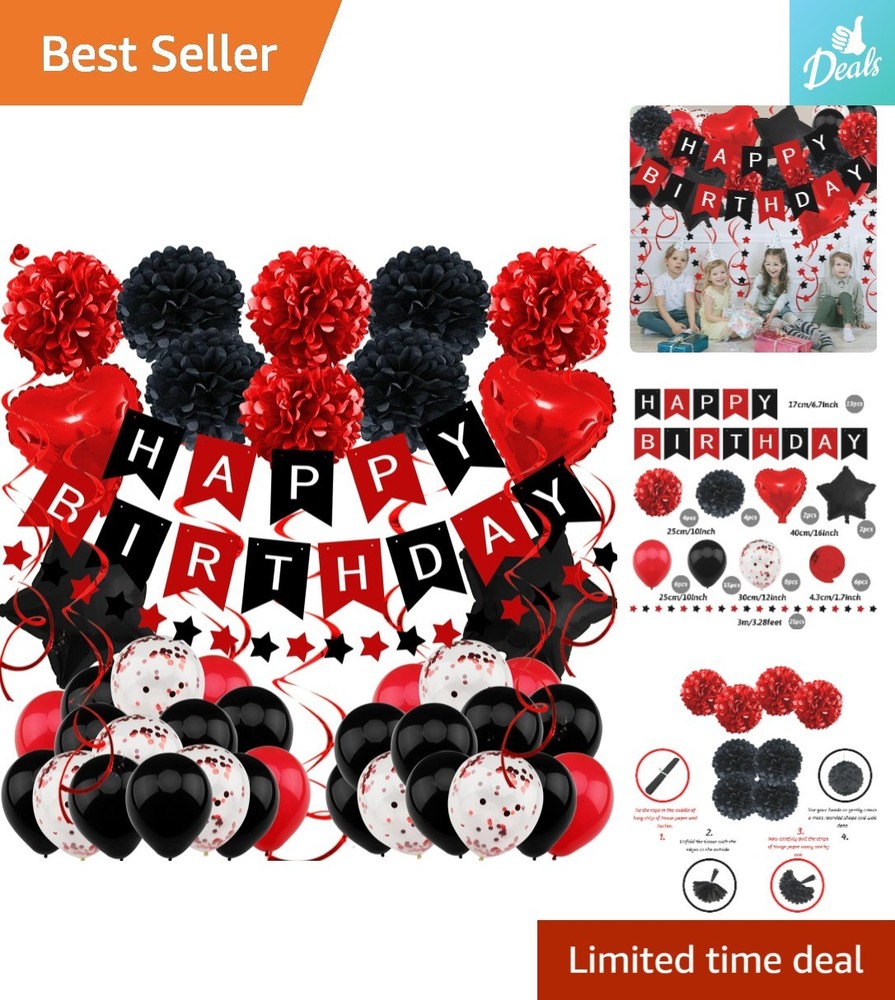 Vibrant Black & Red Birthday Decorations: Balloons, Pompoms & Garland Included