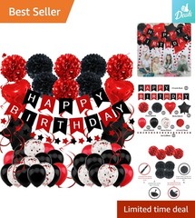 Vibrant Black & Red Birthday Decorations: Balloons, Pompoms & Garland Included