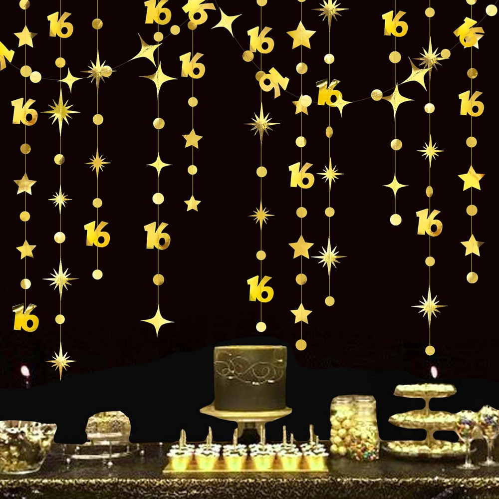 Gold 16Th Birthday Decorations Number 16 Circle Dot Twinkle Star Garland Metalli