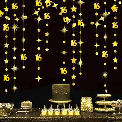 Gold 16Th Birthday Decorations Number 16 Circle Dot Twinkle Star Garland Metalli