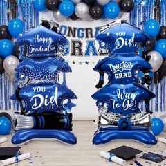 2 Pcs 37″ Blue and Silver Graduation Caps Foil Balloons Giant Self Standing C…