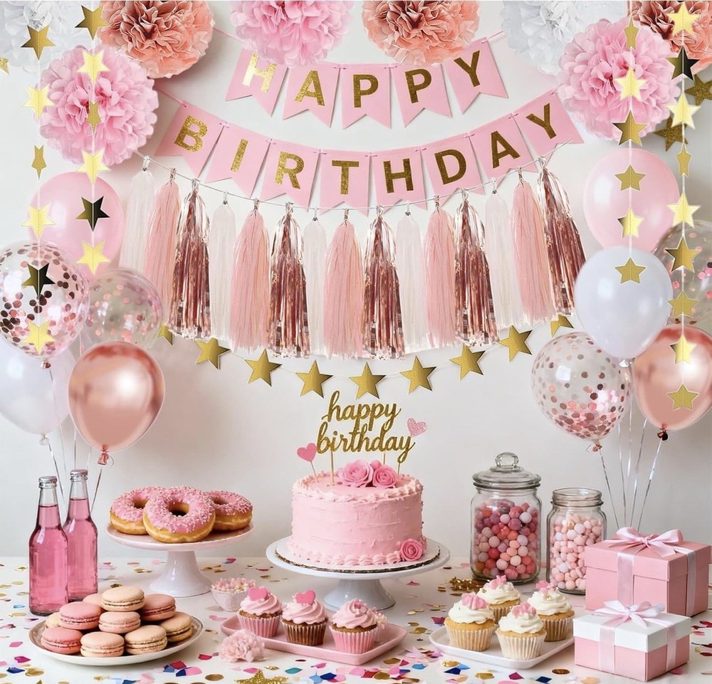 Pink and Gold Birthday Party Decorations for Women with Happy Birthday Banner…