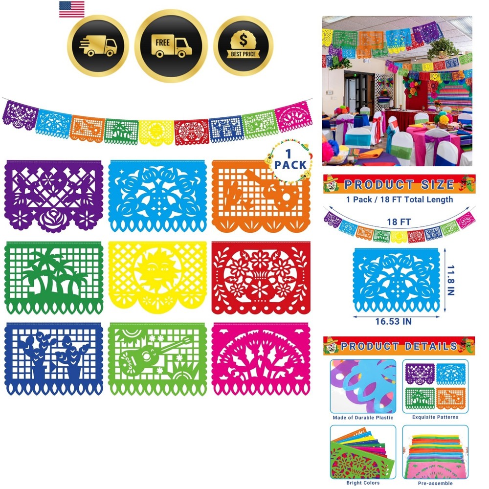 18 FT Cinco De Mayo Party Decorations, 1 Pack Fiesta Banner with 9 Plastic Pa…