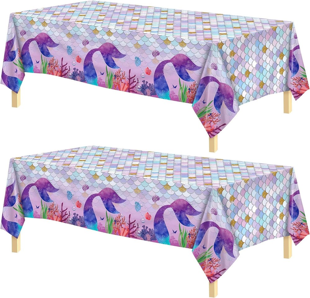 2 Pieces Mermaid Party Tablecloth Plastic Mermaid Party Supplies Disposable