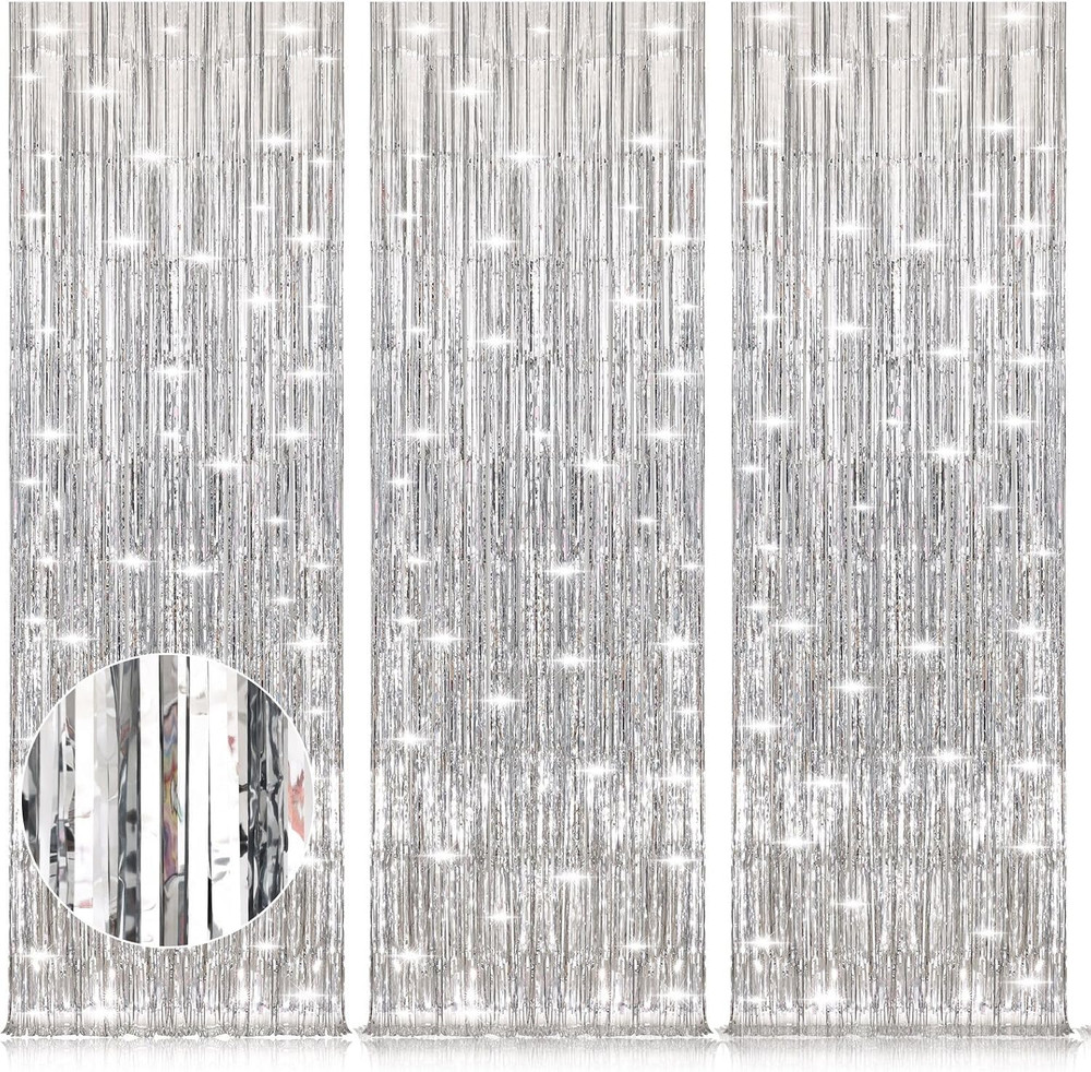 Silver Party Streamers 3Pack Metallic Tinsel Foil Fringe Curtains 3.2Ft X 8.2Ft