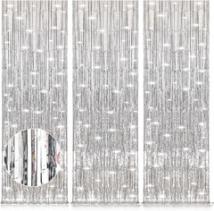 Silver Party Streamers 3Pack Metallic Tinsel Foil Fringe Curtains 3.2Ft X 8.2Ft