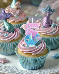 Mermaid Themed Birthday Candles, Number 5 Girls Glitter Birthday Party Supplies,