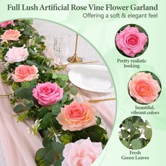 2Pcs 13 Ft Artificial Flower Garlands Real Touch Fake Floral Silk Pink Rose