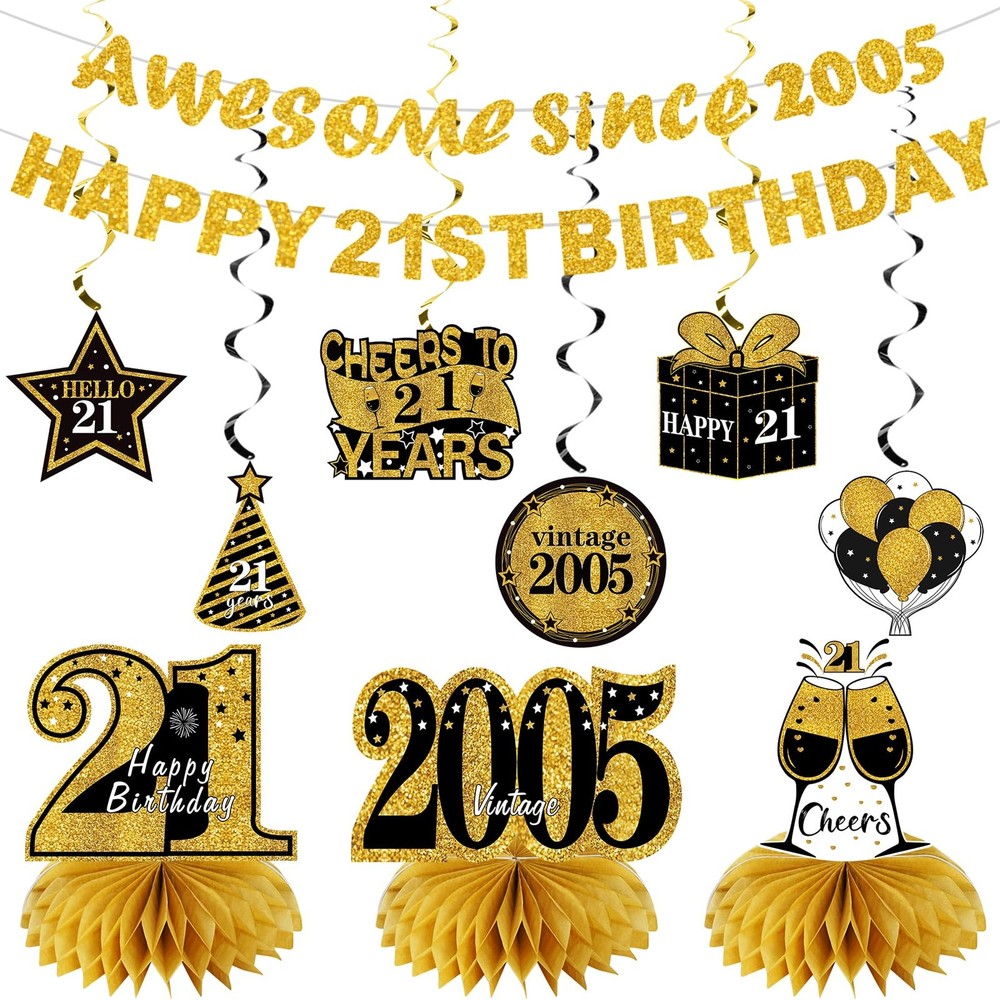 Kuxriox 11Pcs 21st Birthday Decorations Kit 7.48 x 7.87 inches, Black Gold