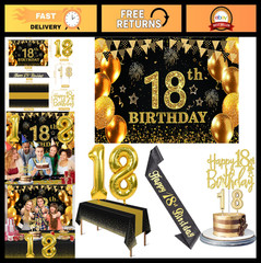 18th Birthday Party Decorations – Black & Gold Banner, Balloons, Sash, Cake Topp