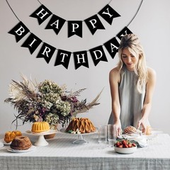 Happy Birthday Banner, Black Decorations Black-white