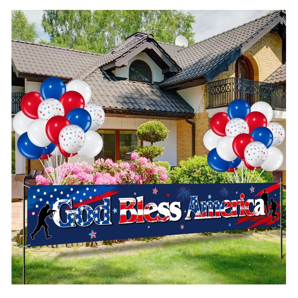Large 118×19 Inch ‘God Bless America’ Banner with 35 Balloons for 4th of July