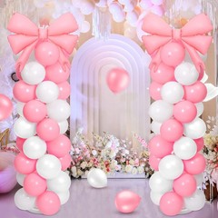 2 Sets Pink White Bow Balloon Column Stand Kit Includes 2 Bows & 100 Latex Ba…
