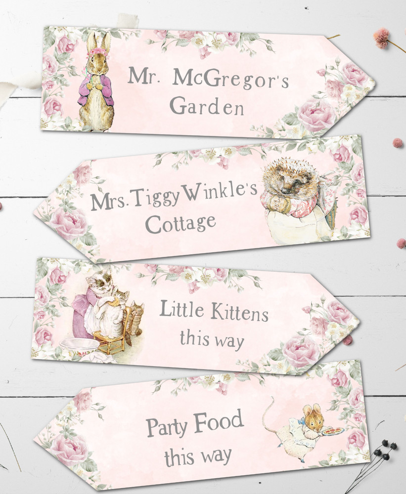 Set of 4 Personalised Flopsy Bunny Pink Rose Floral Party Decoration Arrows
