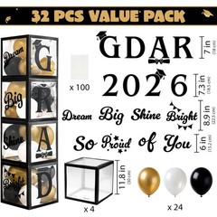 4 Pcs 2026 Graduation Balloon Boxes, Black & Gold Party Decorations with blessin