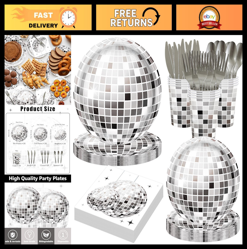 140PCS Disco Ball Party Decorations – Black Silver Plates & Napkins Set for 20 G