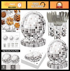 140PCS Disco Ball Party Decorations – Black Silver Plates & Napkins Set for 20 G