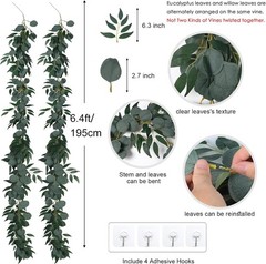 2Pack Artificial Eucalyptus Garland with Willow Leaves 6Feet Fake Hanging Plant