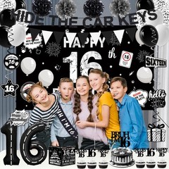 Happy 16th Birthday Decorations for Boys Girls, Black and Silver